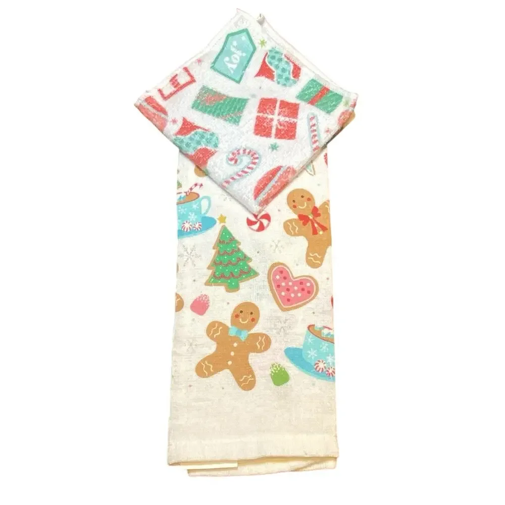 Holiday Towel Set- White Cotton- Gingerbread-Christmas-Kitchen